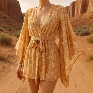 The Clothing Company boho floral kimono sleeve wrap blouse small earthy goddess